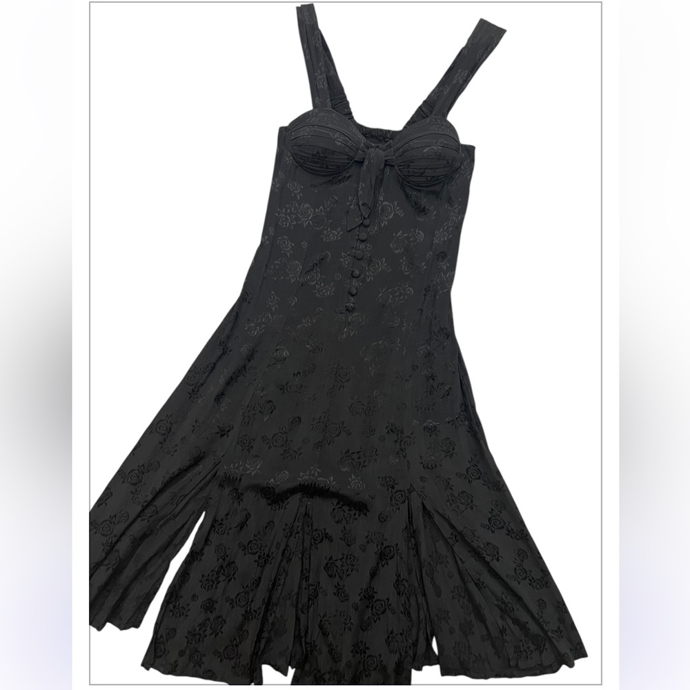 Vtg 90s Whimsigoth Black Sz Small Jacquard Midi Dress Bustier Button Front Slits